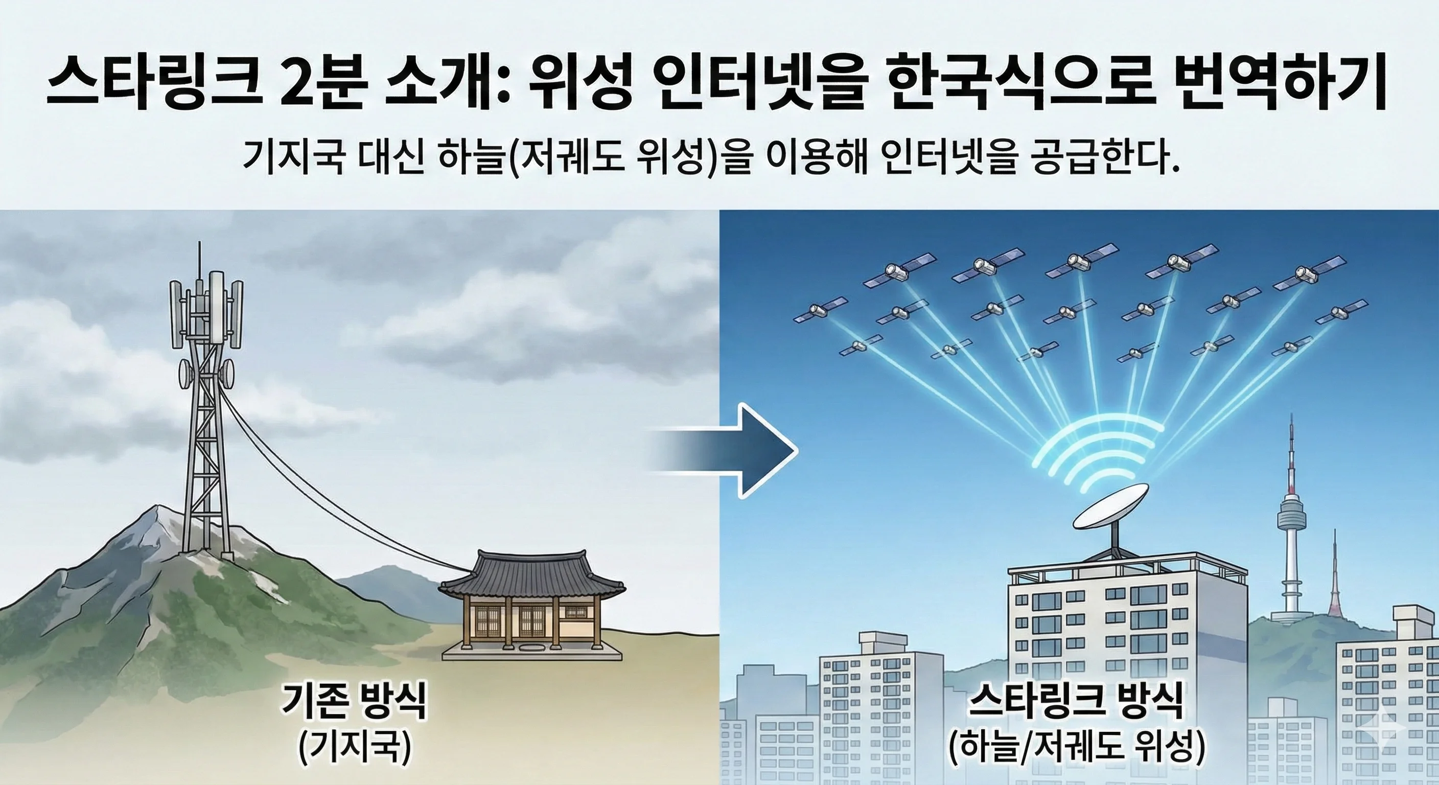 스타링크 위성 인터넷이 지상망이 닿기 어려운 곳에서도 연결을 제공하는 개념도
