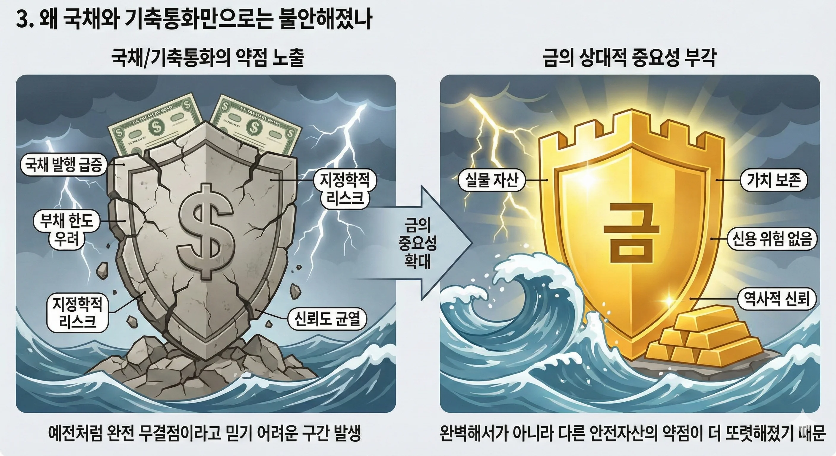 법정화폐의 공급 확대와 실질 구매력 하락이 안전자산의 의미를 바꾸는 흐름을 보여주는 도식